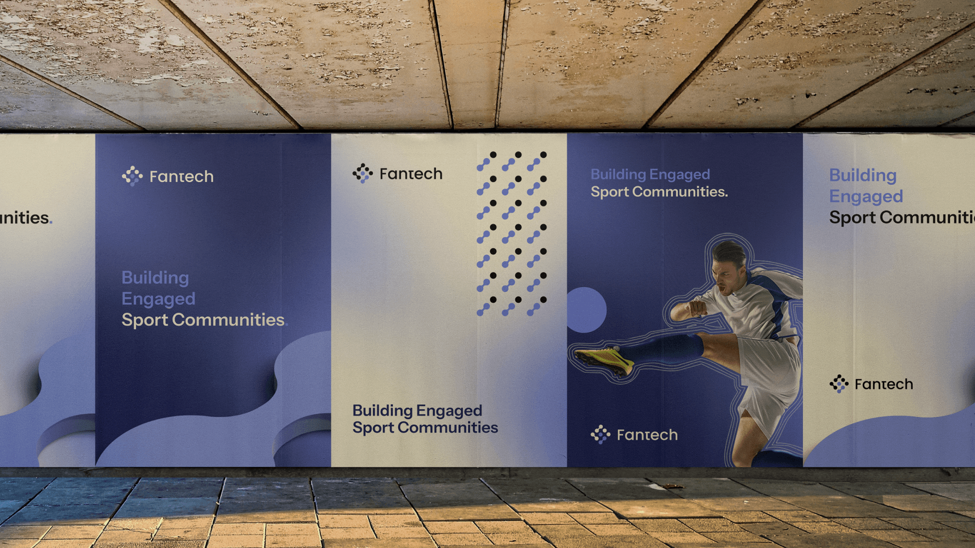 Fantech brand identity mockup on outdoor wall panels showing logo, dot pattern graphic, football player visual, and "Building Engaged Sport Communities" tagline in navy and purple